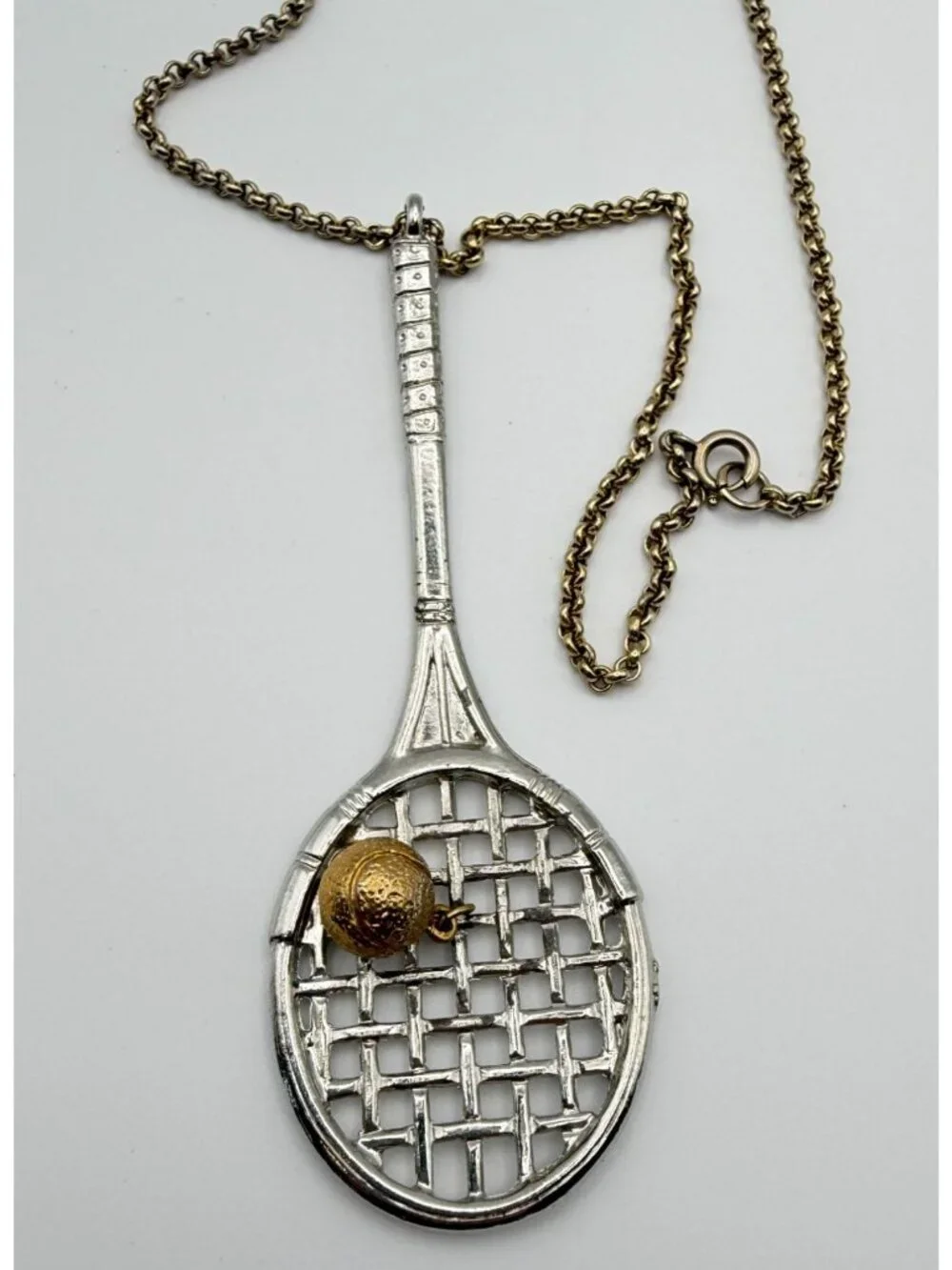 Vintage Tennis Racket Large Pendant Necklace 18" Gold and Silver Tone Sports 80s - Picture 7 of 7